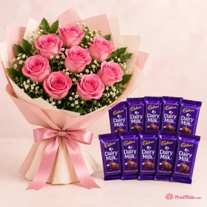 10 Pink Roses with 10 Dairy Milk Chocolates - PetalWala