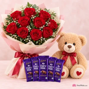 10 Red Roses, 5 Dairy Milk Chocolates & Cute Teddy Bear - PetalWala