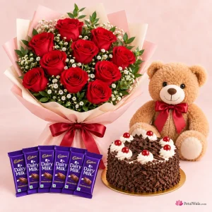10 Red Roses, Black Forest Cake, 5 Chocolates & Teddy Bear - PetalWala