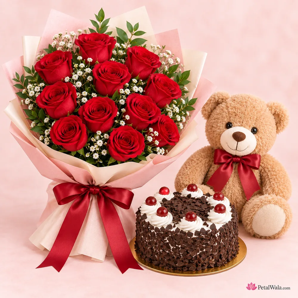 10 Red Roses, Black Forest Cake and Cute Teddy Bear - PetalWala