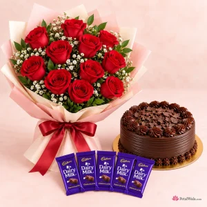 10 Red Roses, Chocolate Cake and 5 Dairy Milk Chocolates - PetalWala