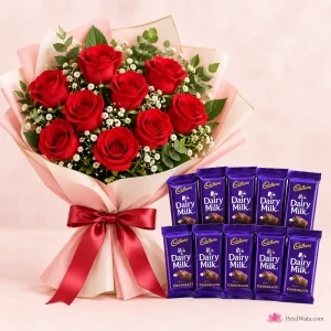 10 Red Roses with 10 Dairy Milk Chocolates - PetalWala