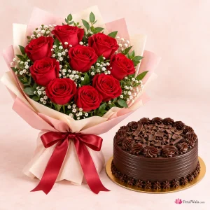 10 Red Roses with Chocolate Cake - PetalWala
