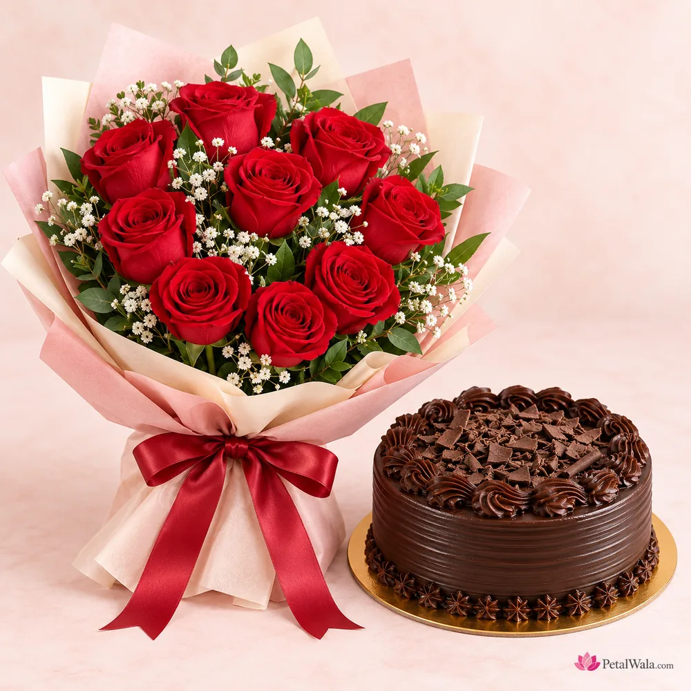 10 Red Roses with Chocolate Cake - PetalWala
