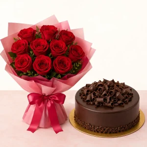 10 Red Roses with Chocolate Cake