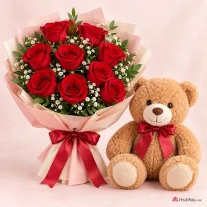 10 Red Roses with Cute Teddy Bear - PetalWala