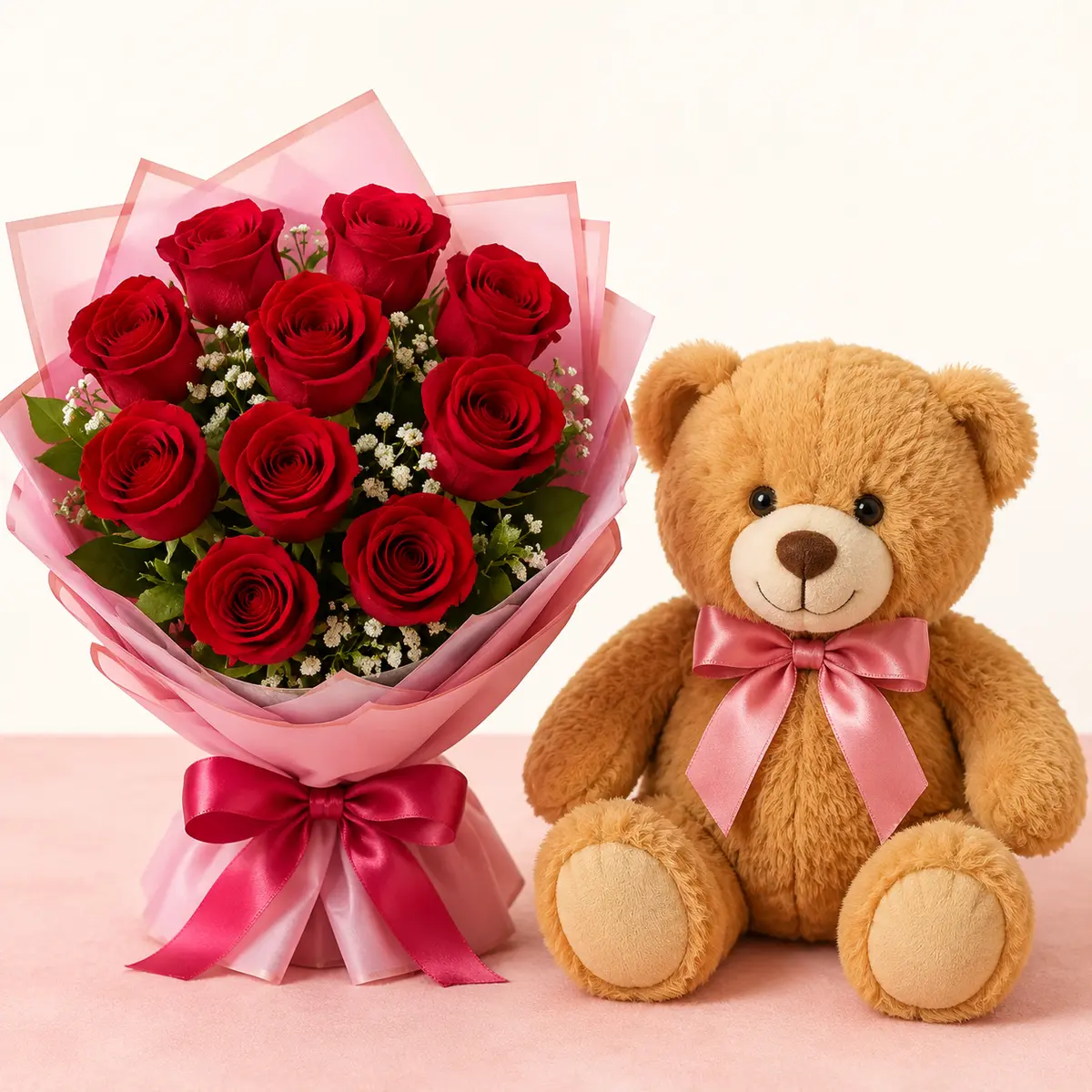 10 Red Roses with Cute Teddy Bear