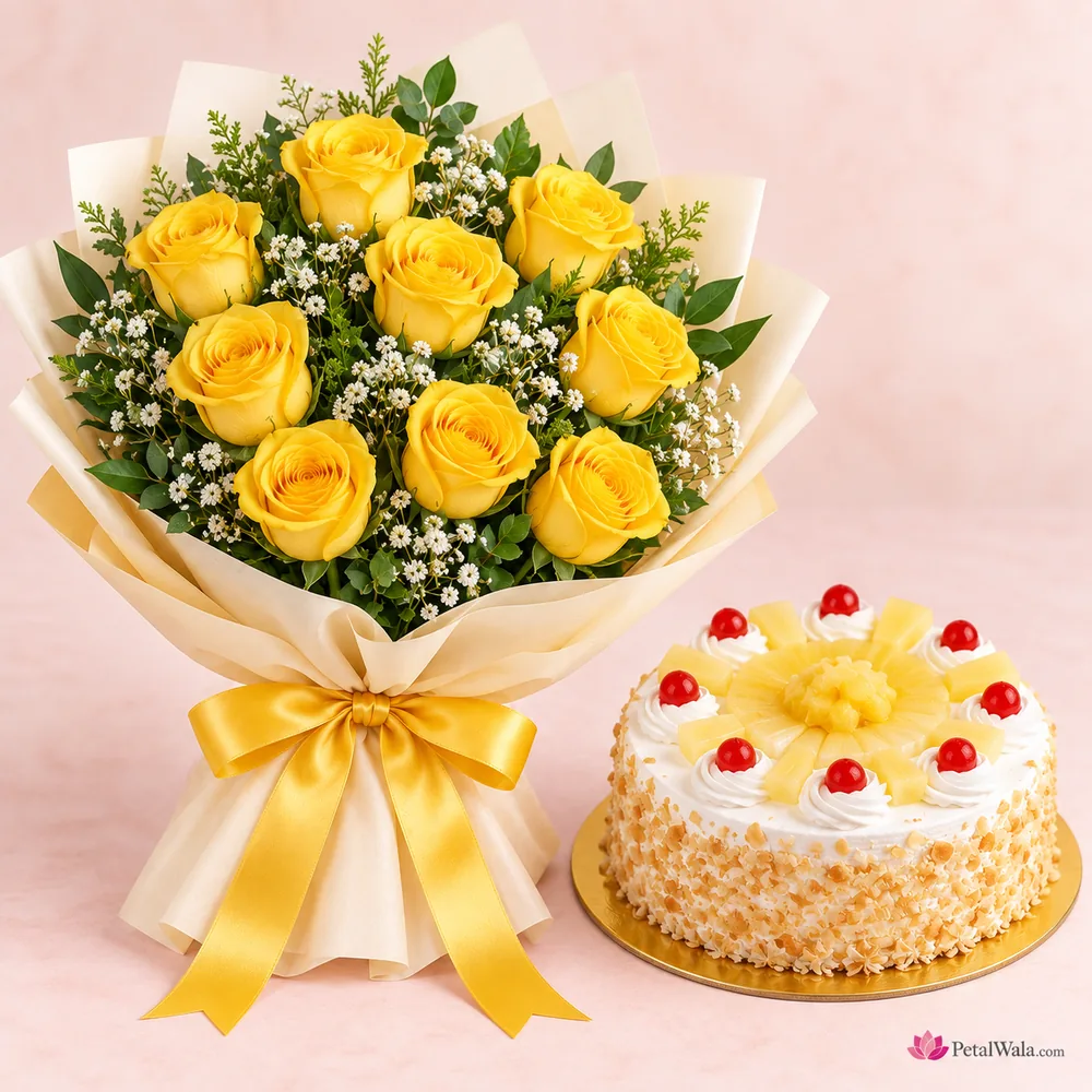 10 Yellow Roses with Pineapple Cake - PetalWala
