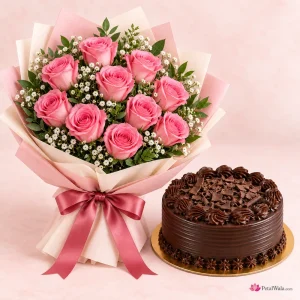 12 Pink Roses with Chocolate Cake - PetalWala