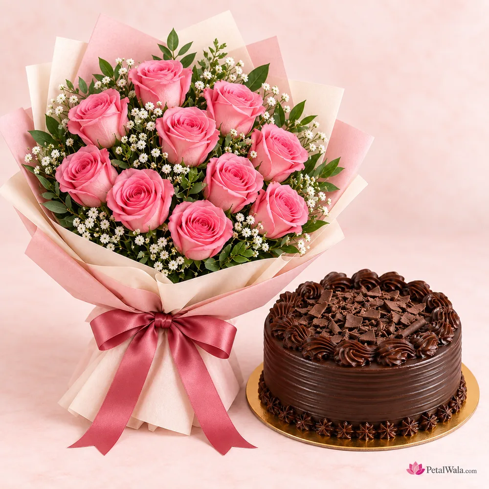 12 Pink Roses with Chocolate Cake - PetalWala