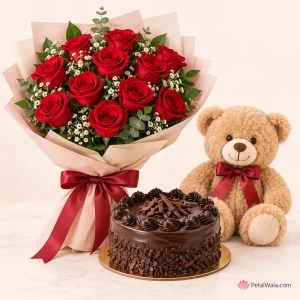 12 Red Roses, Chocolate Cake & Teddy Bear - PetalWala