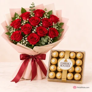 12 Red Roses with Ferrero Rocher Chocolates - PetalWala