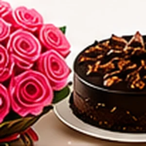 12 Pink Roses with Chocolate Cake