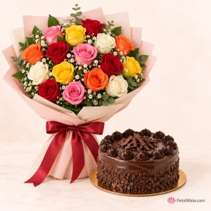20 Mixed Roses with Chocolate Cake - PetalWala