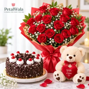 20 Red Roses, Black Forest Cake & Cute Teddy Bear - PetalWala