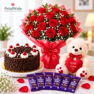 20 Red Roses, Chocolate Cake & 5 Dairy Milk Chocolates - PetalWala
