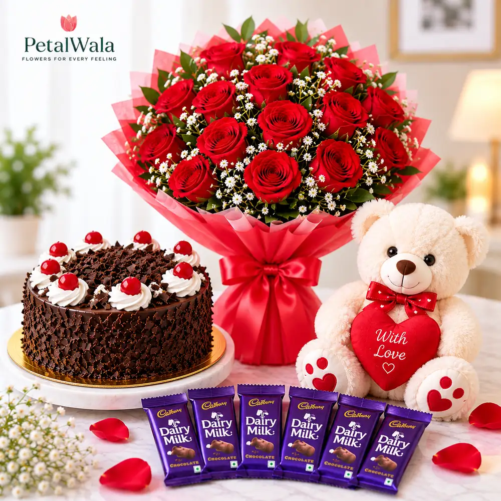 20 Red Roses, Chocolate Cake & 5 Dairy Milk Chocolates - PetalWala