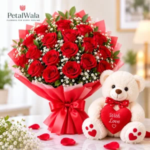 20 Red Roses with Cute Teddy Bear - PetalWala