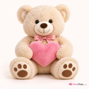 Beige Teddy Bear with Pink Heart – 18 Inch - PetalWala