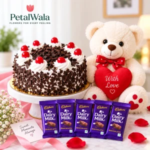 Black Forest Cake, 5 Dairy Milk Chocolates & Cute Teddy Bear - PetalWala