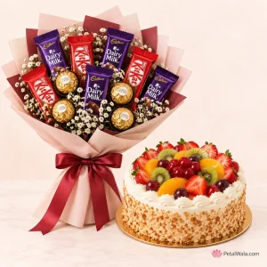Fresh Fruit Cake with Chocolate Bouquet - PetalWala