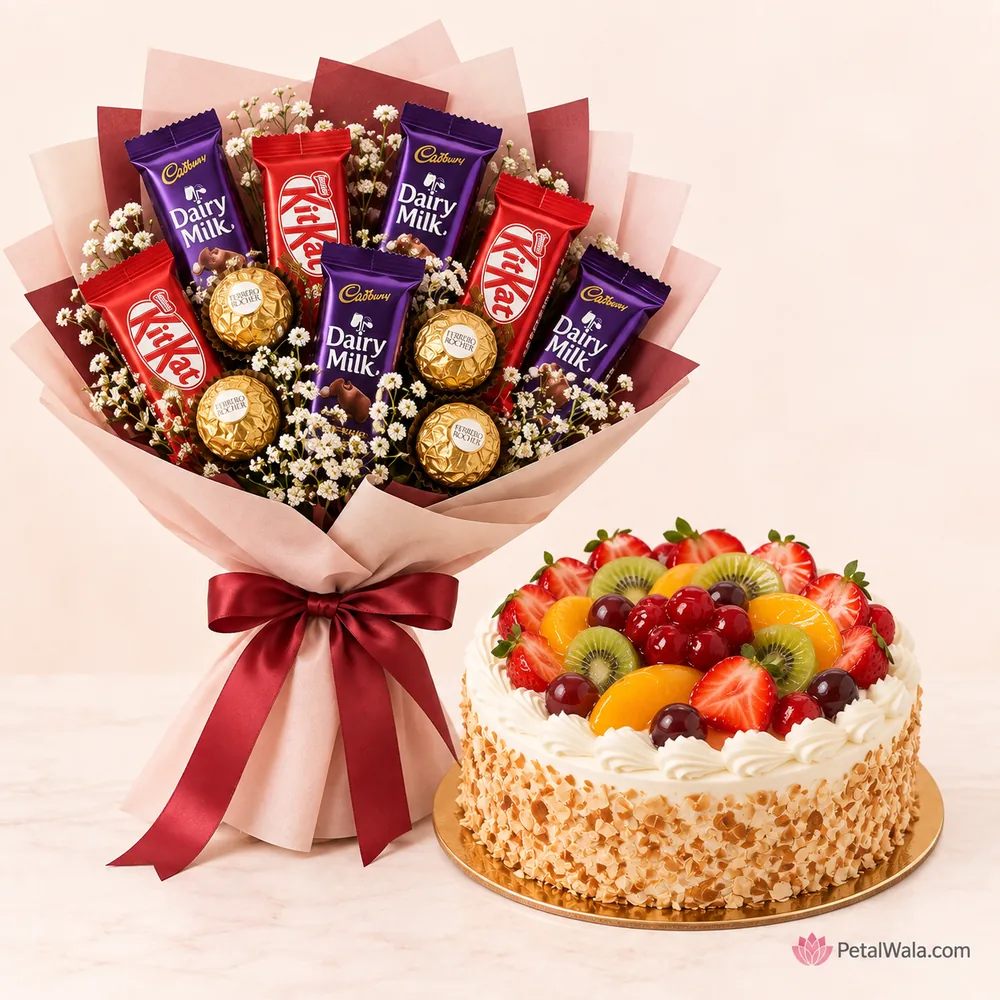 Fresh Fruit Cake with Chocolate Bouquet - PetalWala