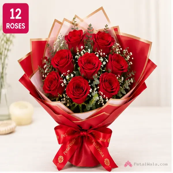 12 Red Roses Bouquet - PetalWala