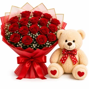 20 Red Roses with Cute Teddy Bear