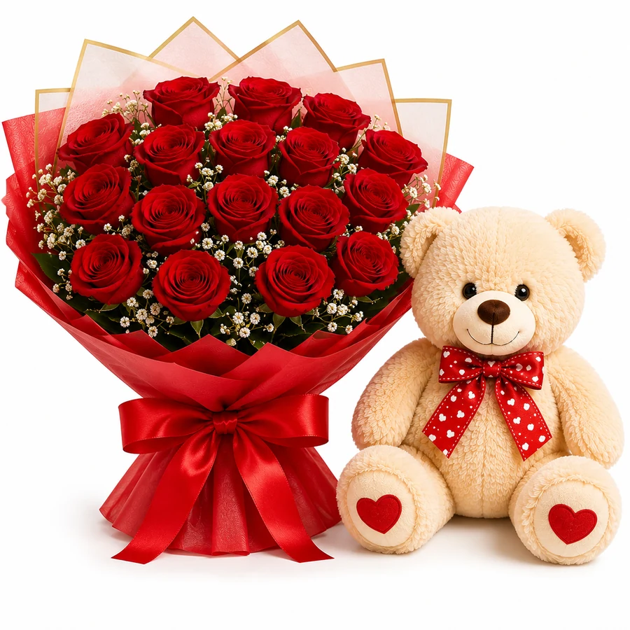 20 Red Roses with Cute Teddy Bear