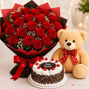 20 Red Roses, Black Forest Cake & Cute Teddy Bear - PetalWala