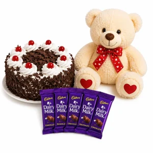 Black Forest Cake, 5 Dairy Milk Chocolates & Cute Teddy Bear