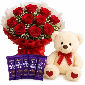 10 Red Roses, 5 Dairy Milk Chocolates & Cute Teddy Bear