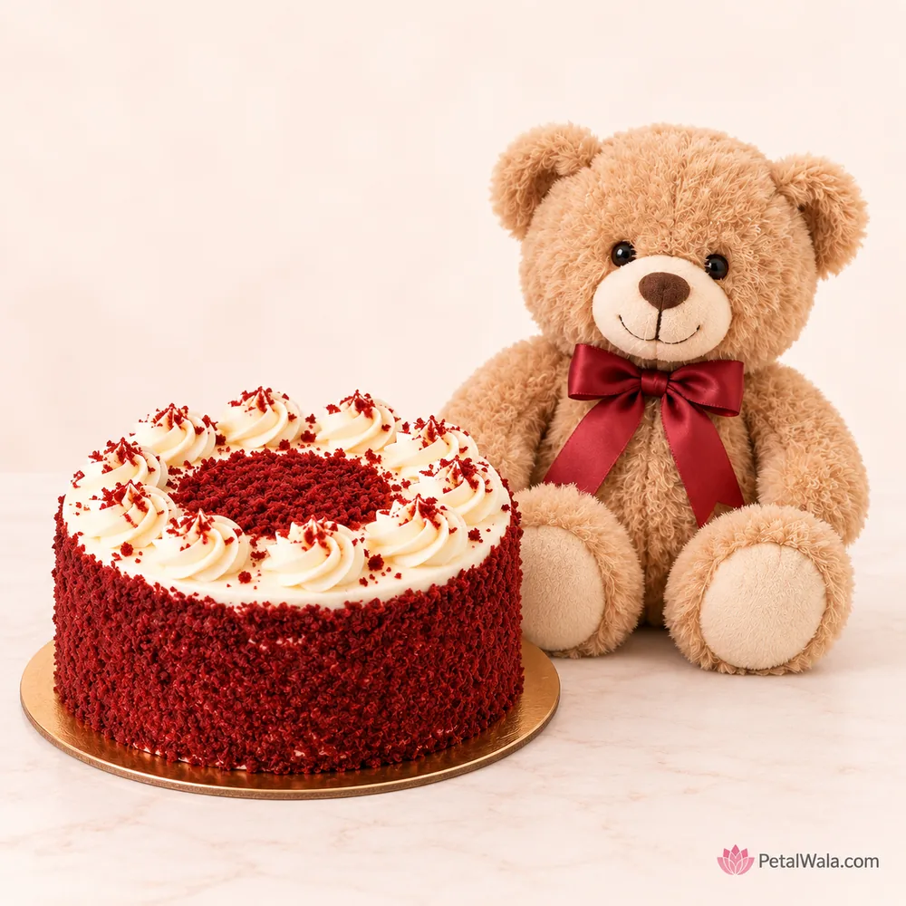 Red Velvet Cake with Cute Teddy Bear - PetalWala