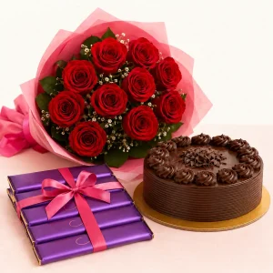 10 Red Roses, Chocolate Cake and 5 Dairy Milk Chocolates