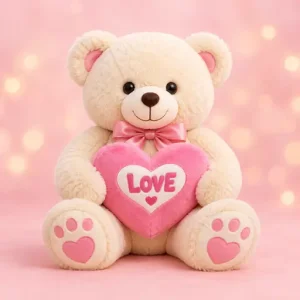 Cream teddy bear holding pink LOVE heart - PetalWala