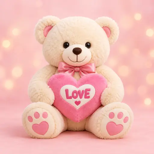 Cream teddy bear holding pink LOVE heart - PetalWala