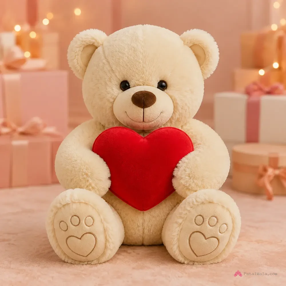 Cream Teddy Bear with Red Heart – 18 Inch - PetalWala
