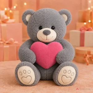 Grey Teddy Bear with Pink Heart – 18 Inch - PetalWala