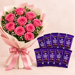 Full bouquet of pink roses with 10 Dairy Milk chocolate bars
