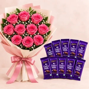 Full bouquet of 10 pink roses with 10 Dairy Milk chocolate bars