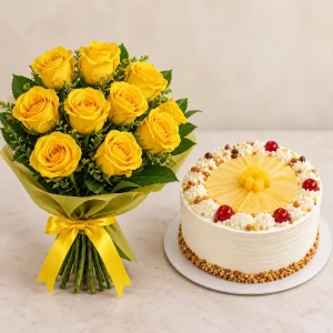 10 Yellow Roses with Pineapple Cake