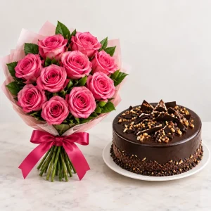 12 Pink Roses with Chocolate Cake