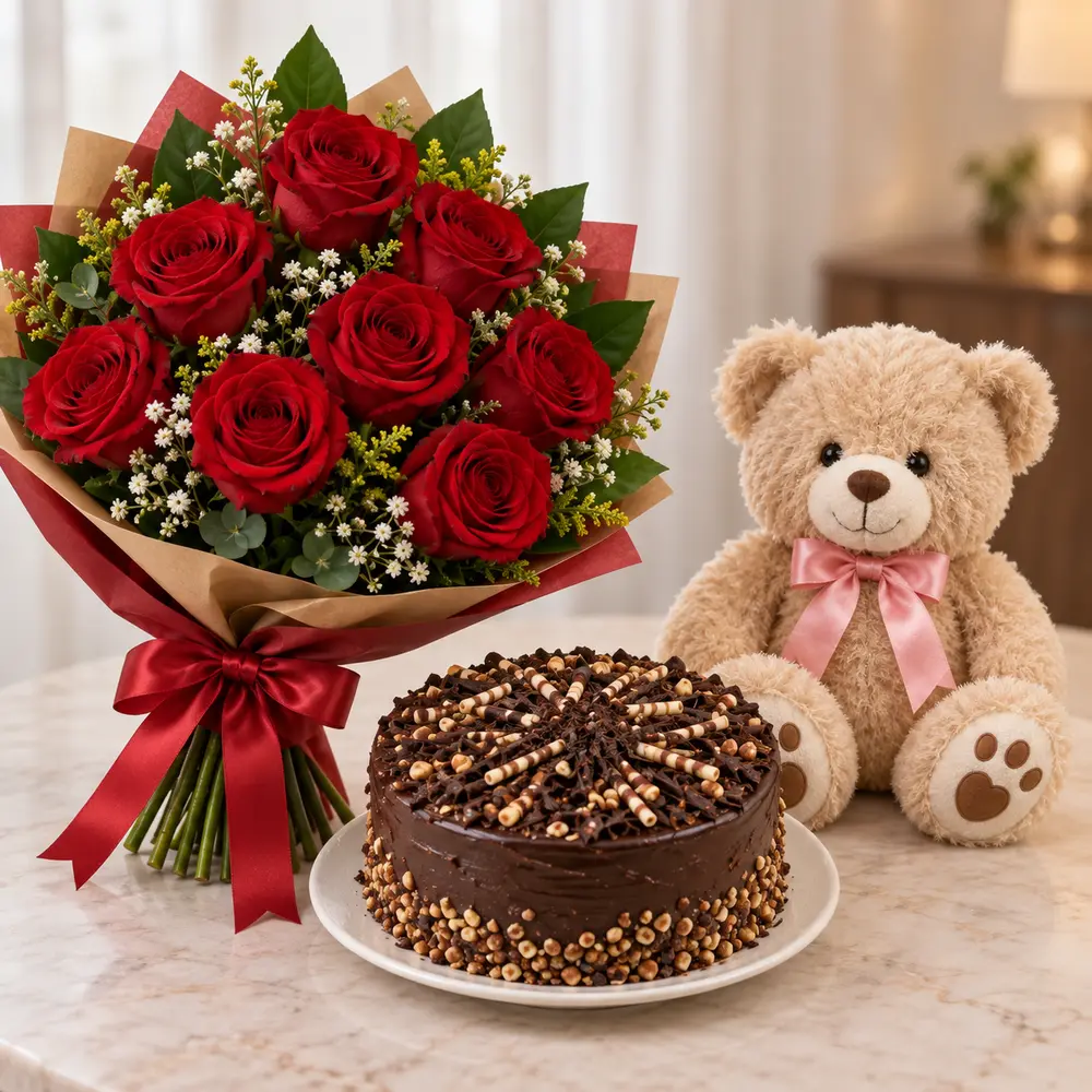 12 Red Roses, Chocolate Cake & Teddy Bear