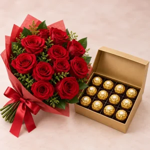 12 Red Roses with Ferrero Rocher Chocolates