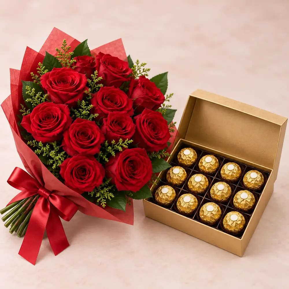 12 Red Roses with Ferrero Rocher Chocolates