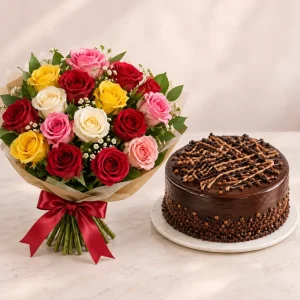 20 Mixed Roses with Chocolate Cake