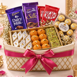 Celebration gift basket with Cadbury Dairy Milk, Silk, KitKat, Ferrero Rocher and Indian sweets