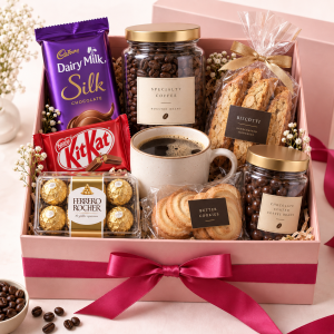 Coffee gift hamper with Cadbury Dairy Milk, Silk, KitKat, Ferrero Rocher and premium coffee