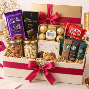 Corporate premium gift basket with Cadbury Dairy Milk, Silk, KitKat and Ferrero Rocher chocolates