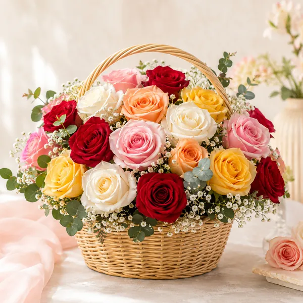 Mixed Rose Basket – Fresh Colorful Roses by PetalWala